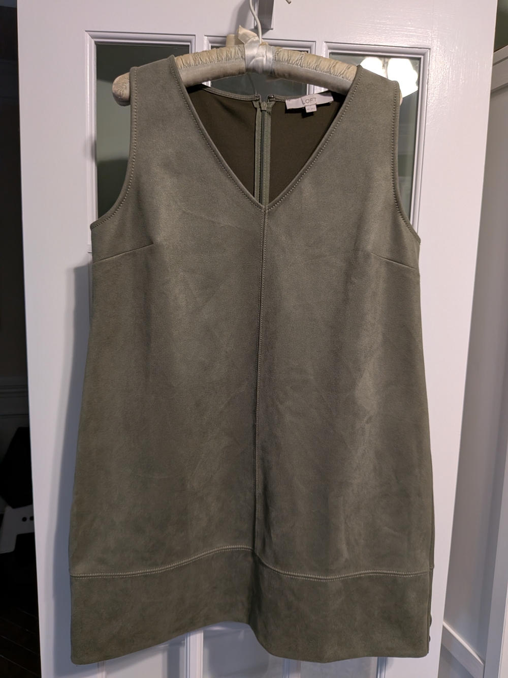 LOFT Olive Green Faux Suede V-Neck Shift Dress Womens Size 14 Tall 14T